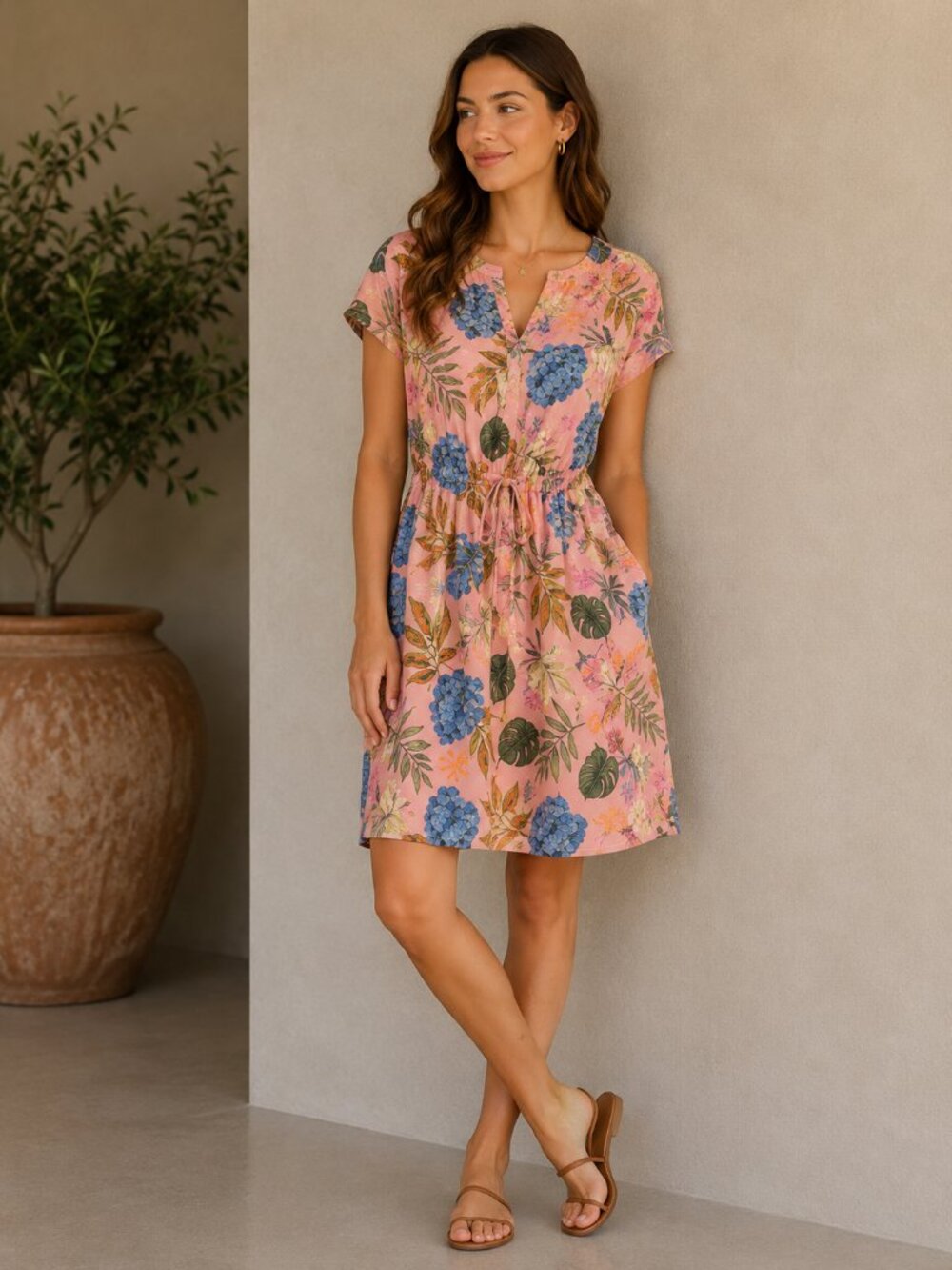 Ekouaer Pink Floral Dress Sz M Short Sleeve Drawstring Waist Summer Casual